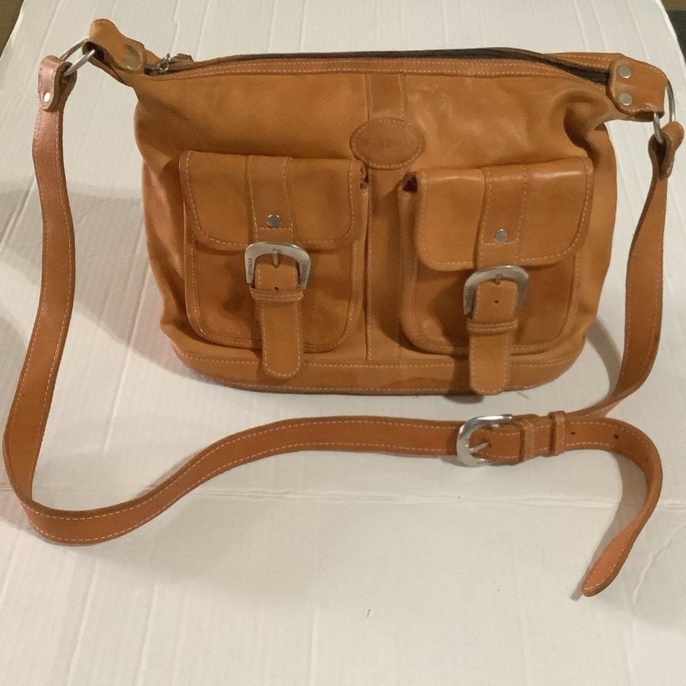 SERENO‎ Genuine Leather Crossbody Shoulder Bag Tan Buckle Flap Pockets